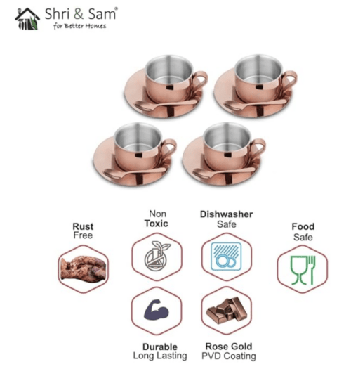 Shri & Sam Stainless Steel with Rose Gold PVD Coating 4 Pieces First Impression Double Wall Cup and Saucer Set - Image 2